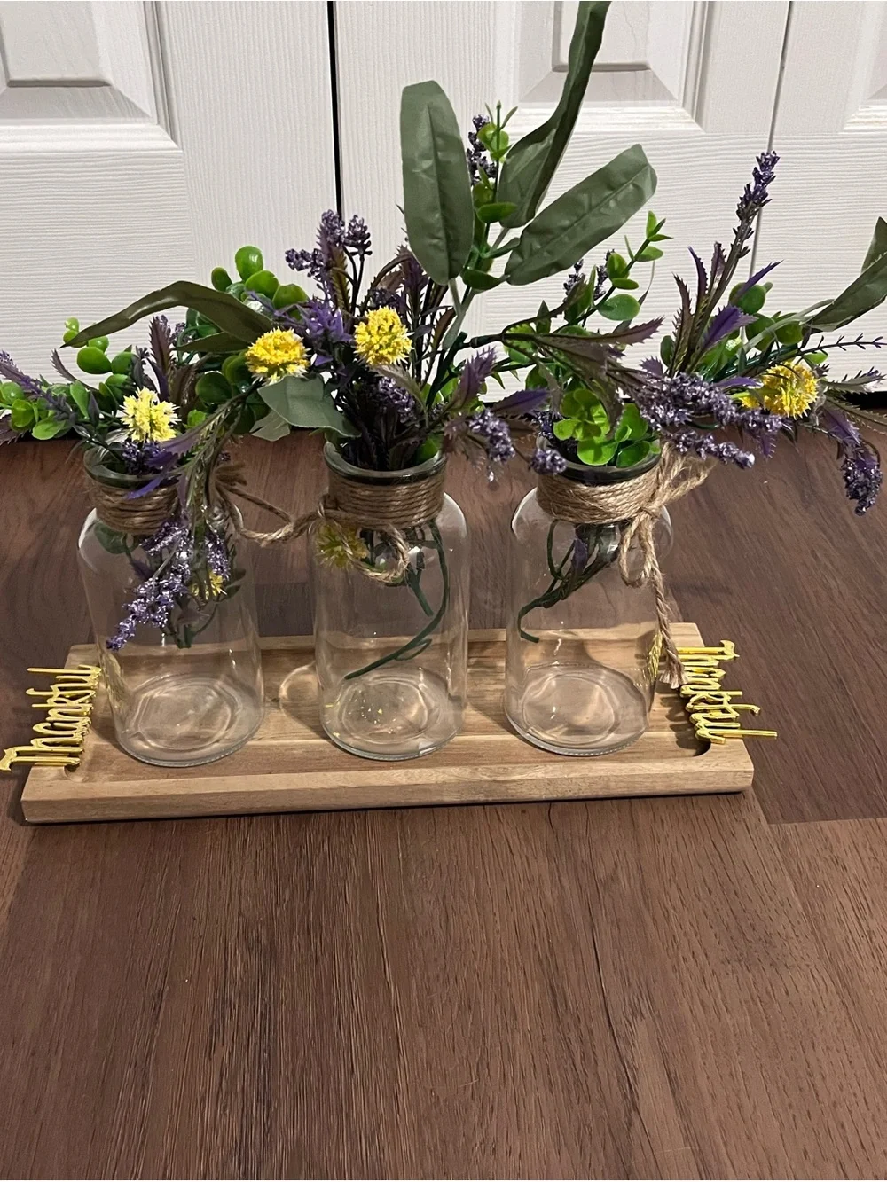 Rustic Glass Bottle Trio with Lavender and Yellow Accent Flowers - Picture 1 of 1